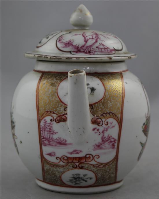 A Chinese export famille rose globular teapot, Qianlong period, 14.5cm., some damage